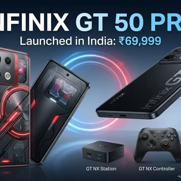Infinix GT 50 Pro in Mecha Red showcasing rear Cyber Mecha design, RGB lighting, and camera module.