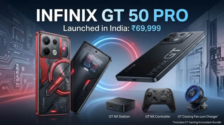 Infinix GT 50 Pro in Mecha Red showcasing rear Cyber Mecha design, RGB lighting, and camera module.