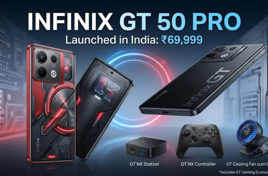 Infinix GT 50 Pro in Mecha Red showcasing rear Cyber Mecha design, RGB lighting, and camera module.