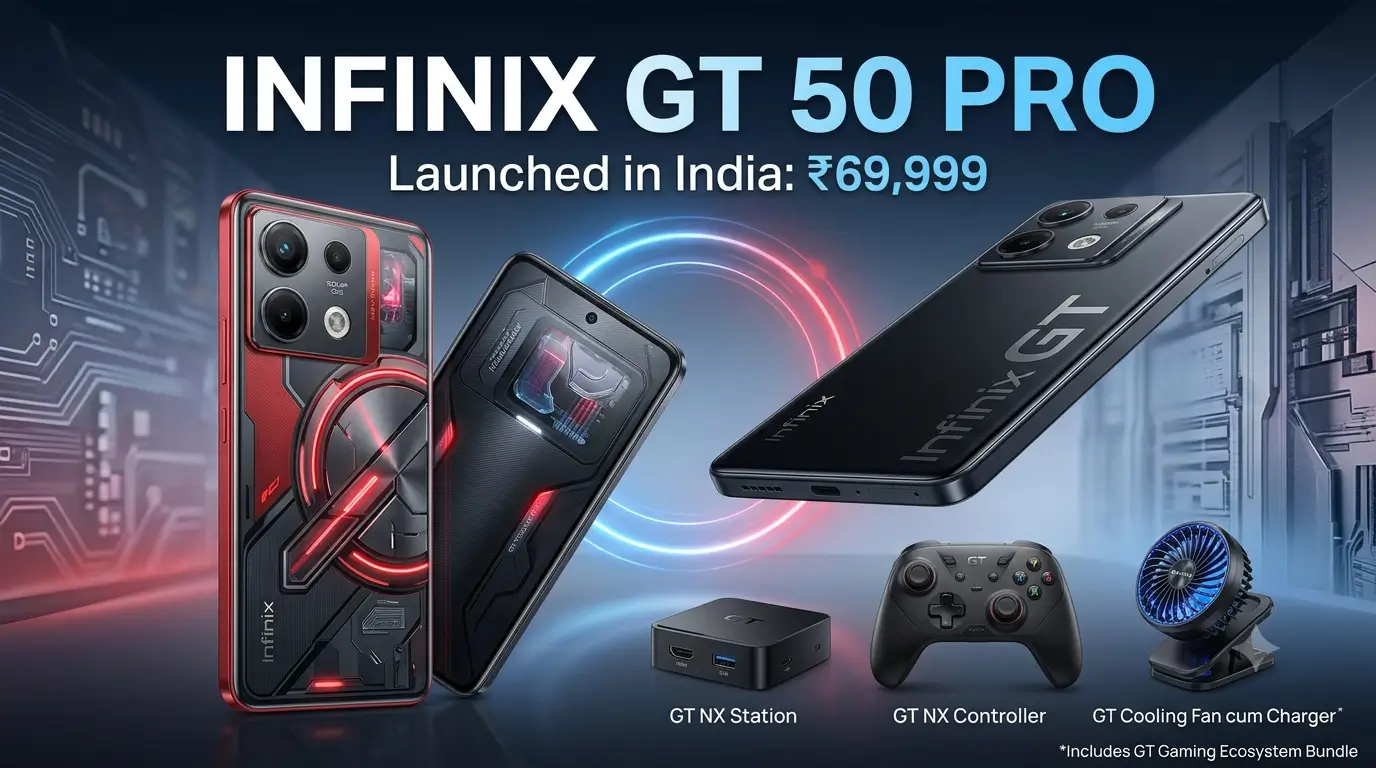 Infinix GT 50 Pro in Mecha Red showcasing rear Cyber Mecha design, RGB lighting, and camera module.