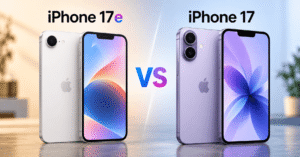 Apple iPhone 17e and iPhone 17 compared from front and back.