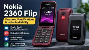 Nokia 2360 Flip feature phone showing its dual displays and clamshell design