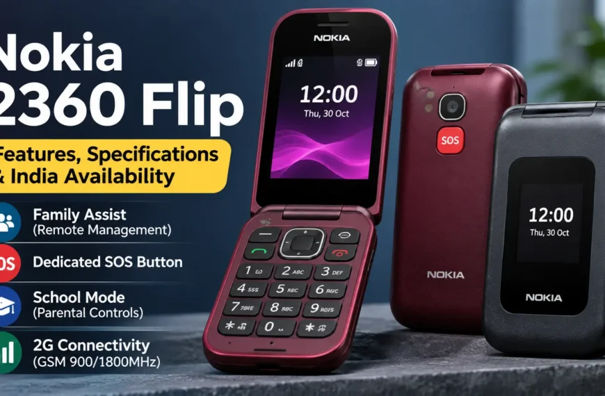 Nokia 2360 Flip feature phone showing its dual displays and clamshell design