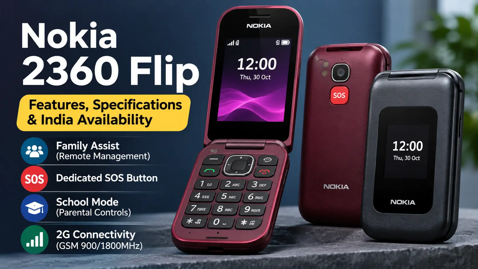 Nokia 2360 Flip feature phone showing its dual displays and clamshell design