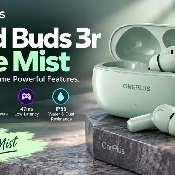 OnePlus Nord Buds 3r Jade Mist wireless earbuds and charging case.