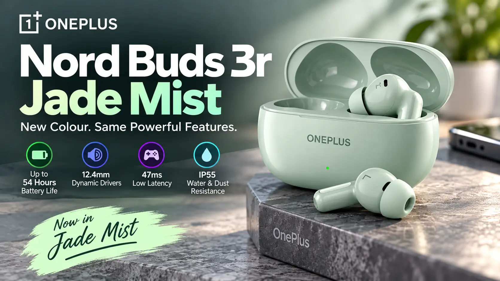 OnePlus Nord Buds 3r Jade Mist wireless earbuds and charging case.
