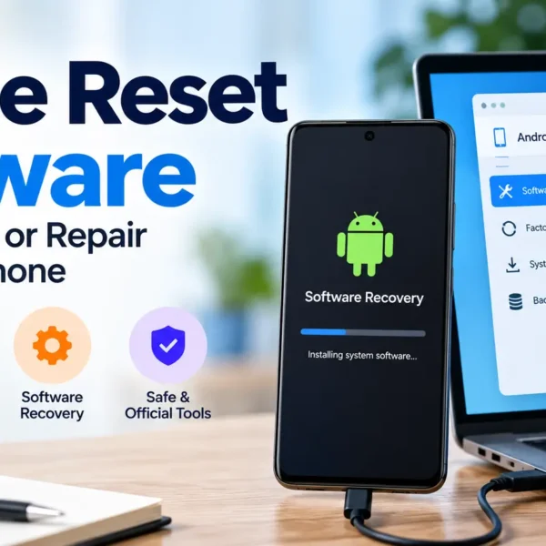 Android phone connected to a laptop for software recovery and reset.