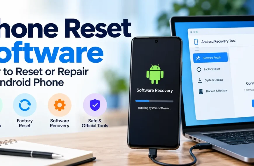 Android phone connected to a laptop for software recovery and reset.