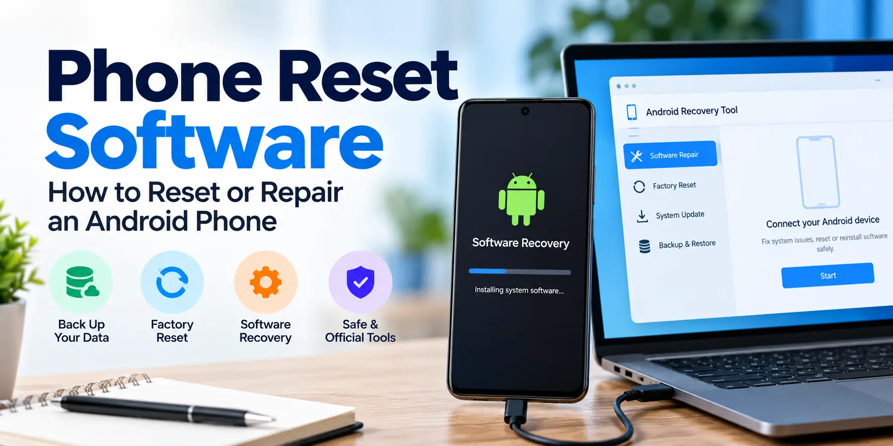 Android phone connected to a laptop for software recovery and reset.