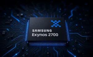 Samsung Exynos 2700 mobile processor chip on a dark circuit board with blue lighting