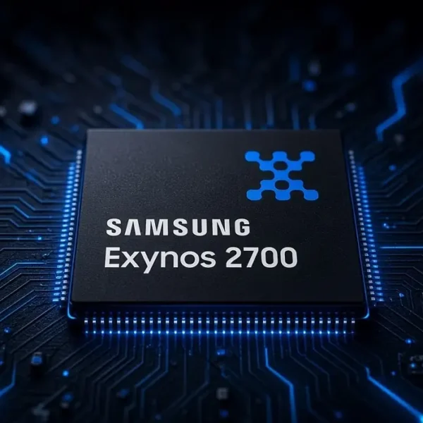 Samsung Exynos 2700 mobile processor chip on a dark circuit board with blue lighting