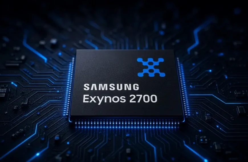 Samsung Exynos 2700 mobile processor chip on a dark circuit board with blue lighting