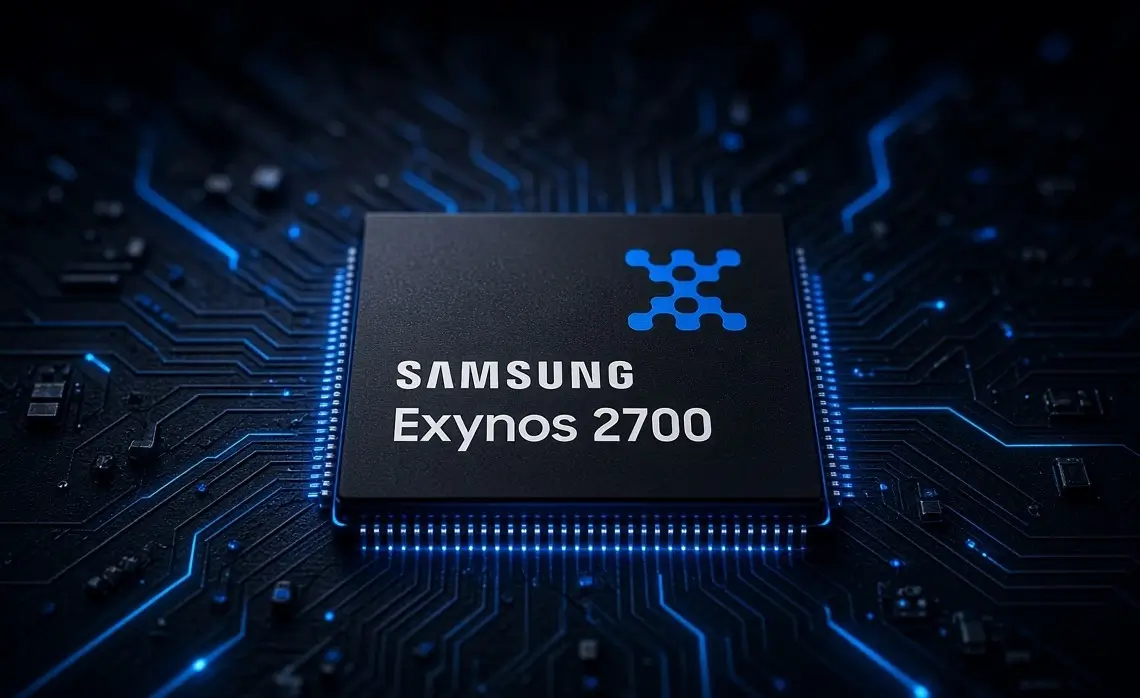 Samsung Exynos 2700 mobile processor chip on a dark circuit board with blue lighting