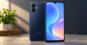 Samsung Galaxy A08 smartphone front and rear design.