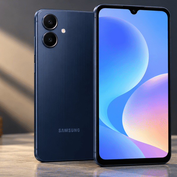 Samsung Galaxy A08 smartphone front and rear design.