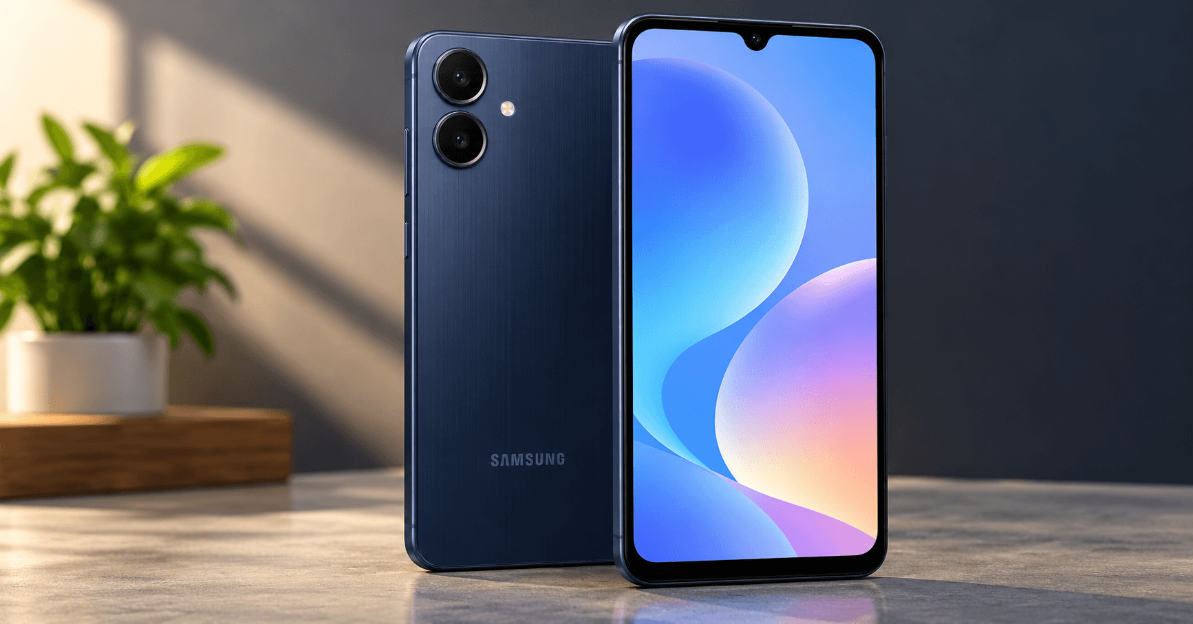 Samsung Galaxy A08 smartphone front and rear design.