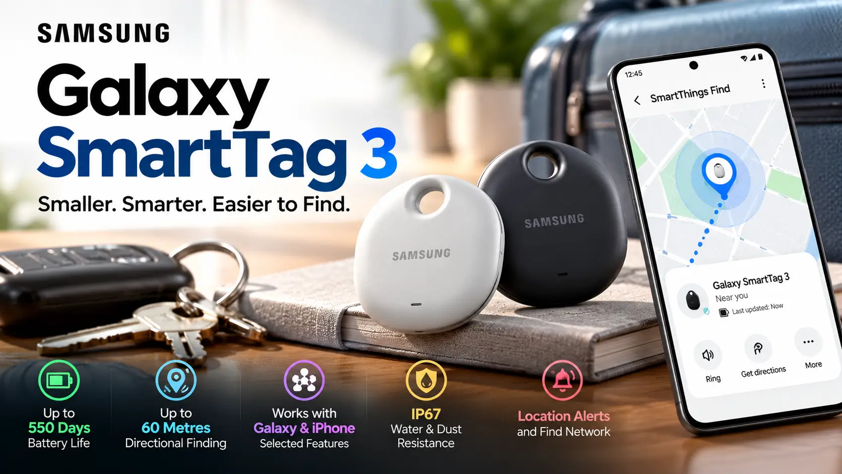 Samsung Galaxy SmartTag 3 in white and black